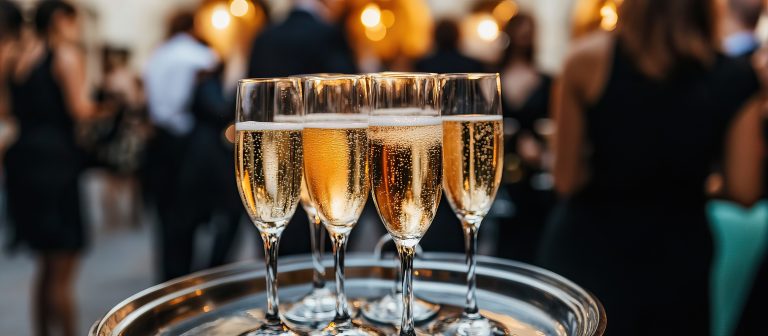 Glasses of champagne on a tray at an event - closeup - people move in the blurry background. --ar 16:7 --v 6.1 Job ID: c8d66467-ea59-43ce-a74d-8d8290cde428